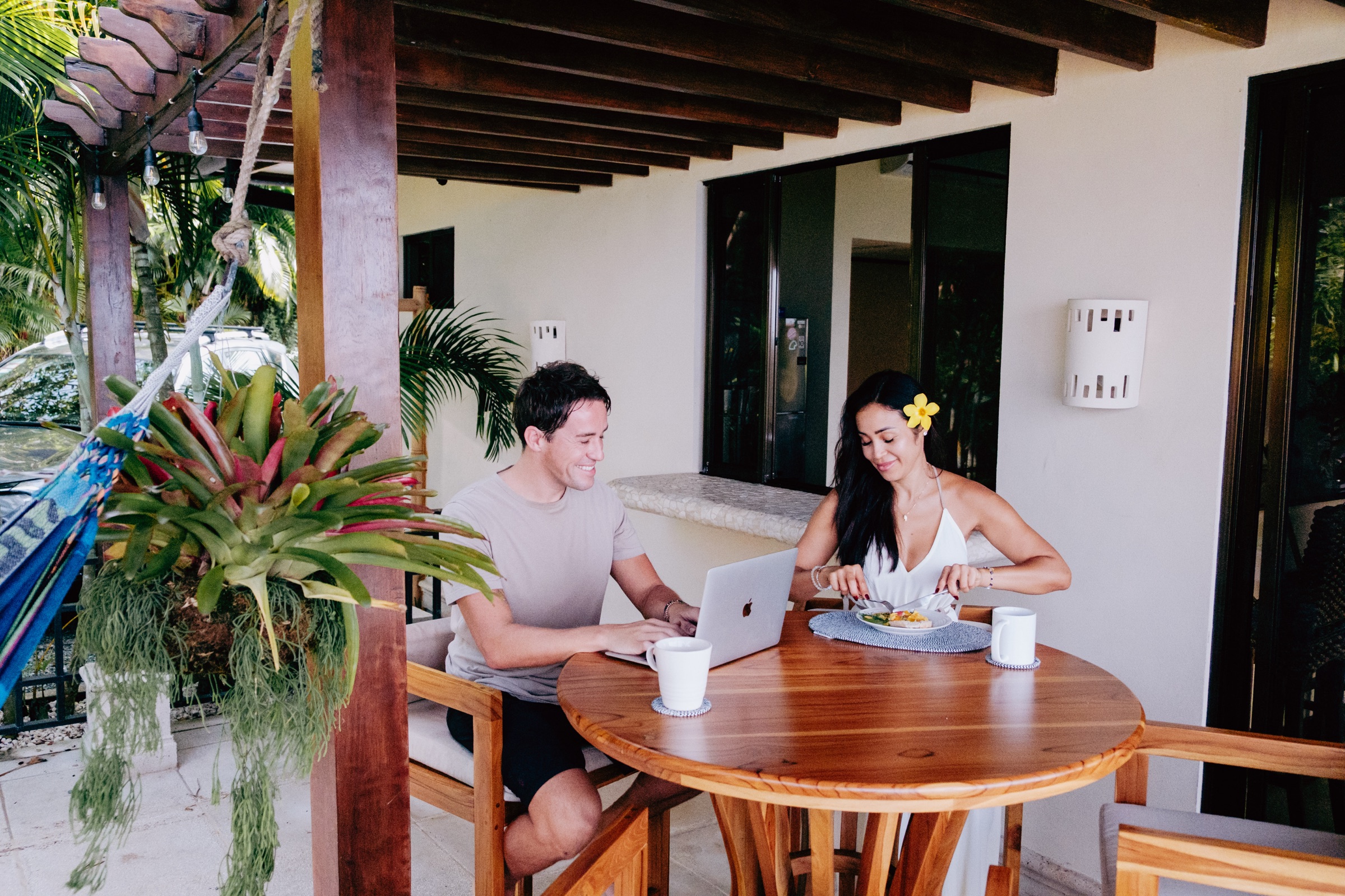 A relaxed tropical breakfast on the shaded Casa Calma terrace