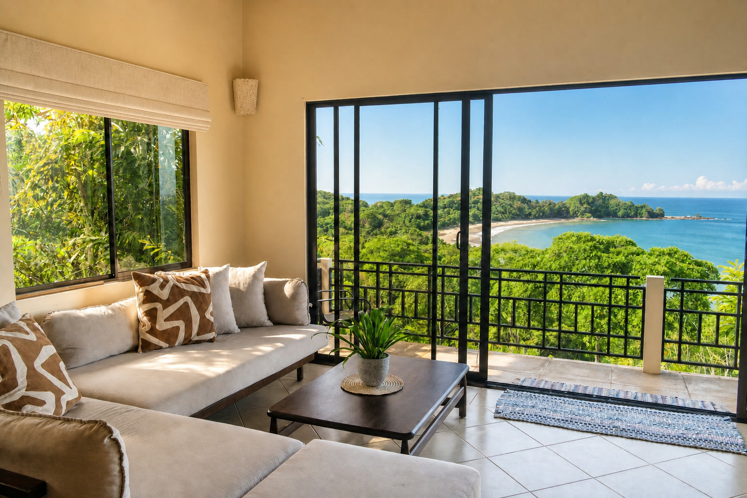 The warm Casa Calma lounge opening onto the rainforest and Pacific Ocean